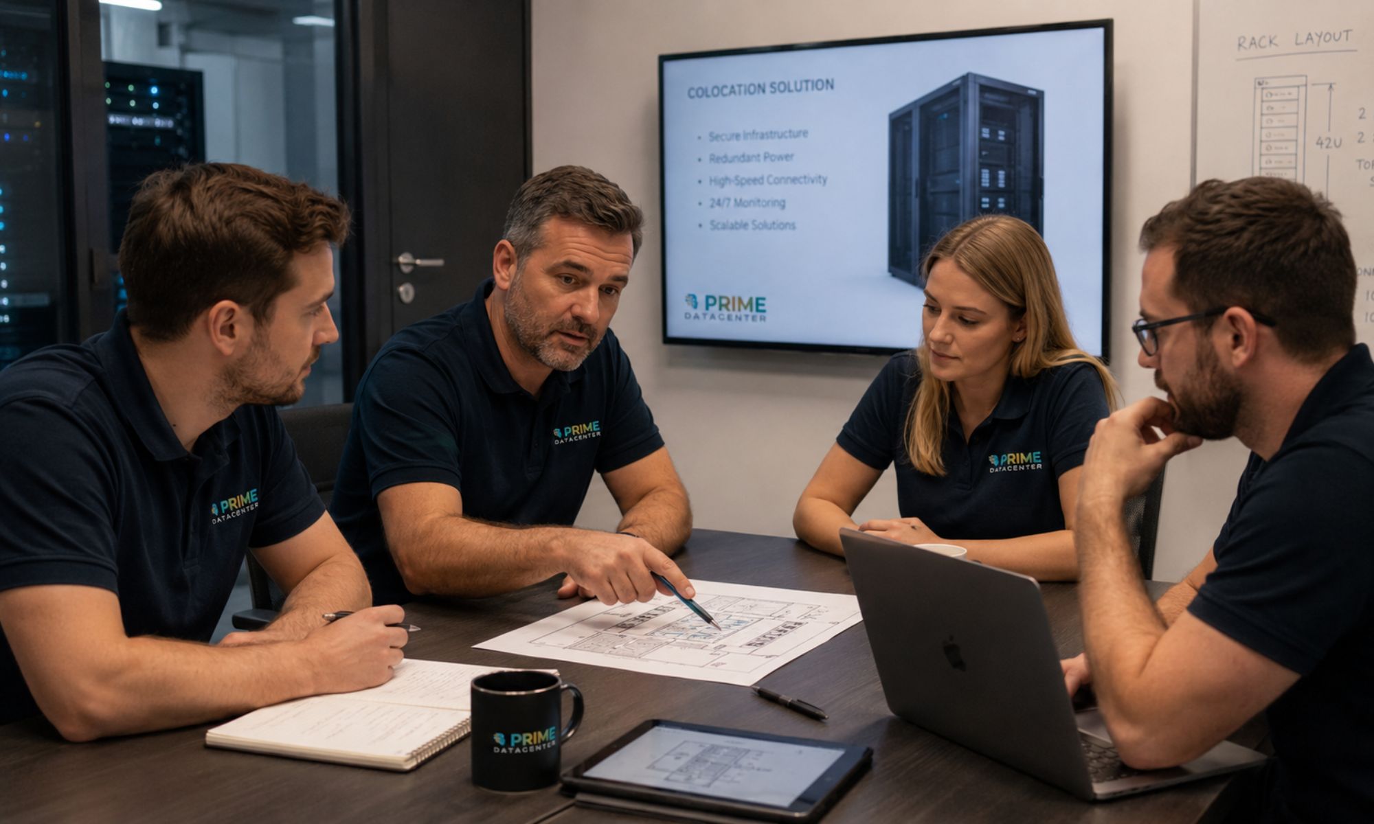 PRIME DataCenter Team bespricht Rechenzentrums- und Hosting-Anforderungen am Konferenztisch