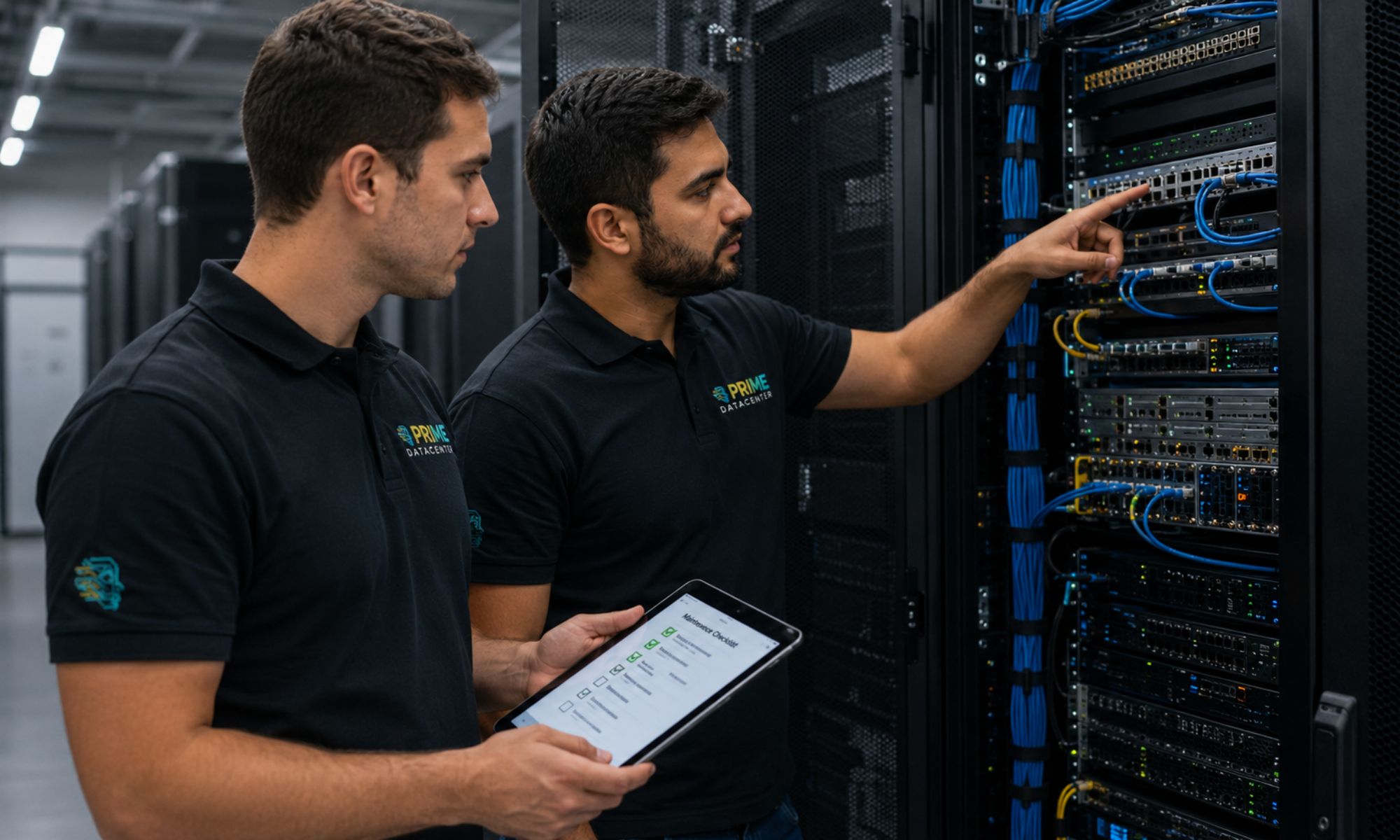 PRIME DataCenter Techniker prüfen Server- und Netzwerkverkabelung im Rack
