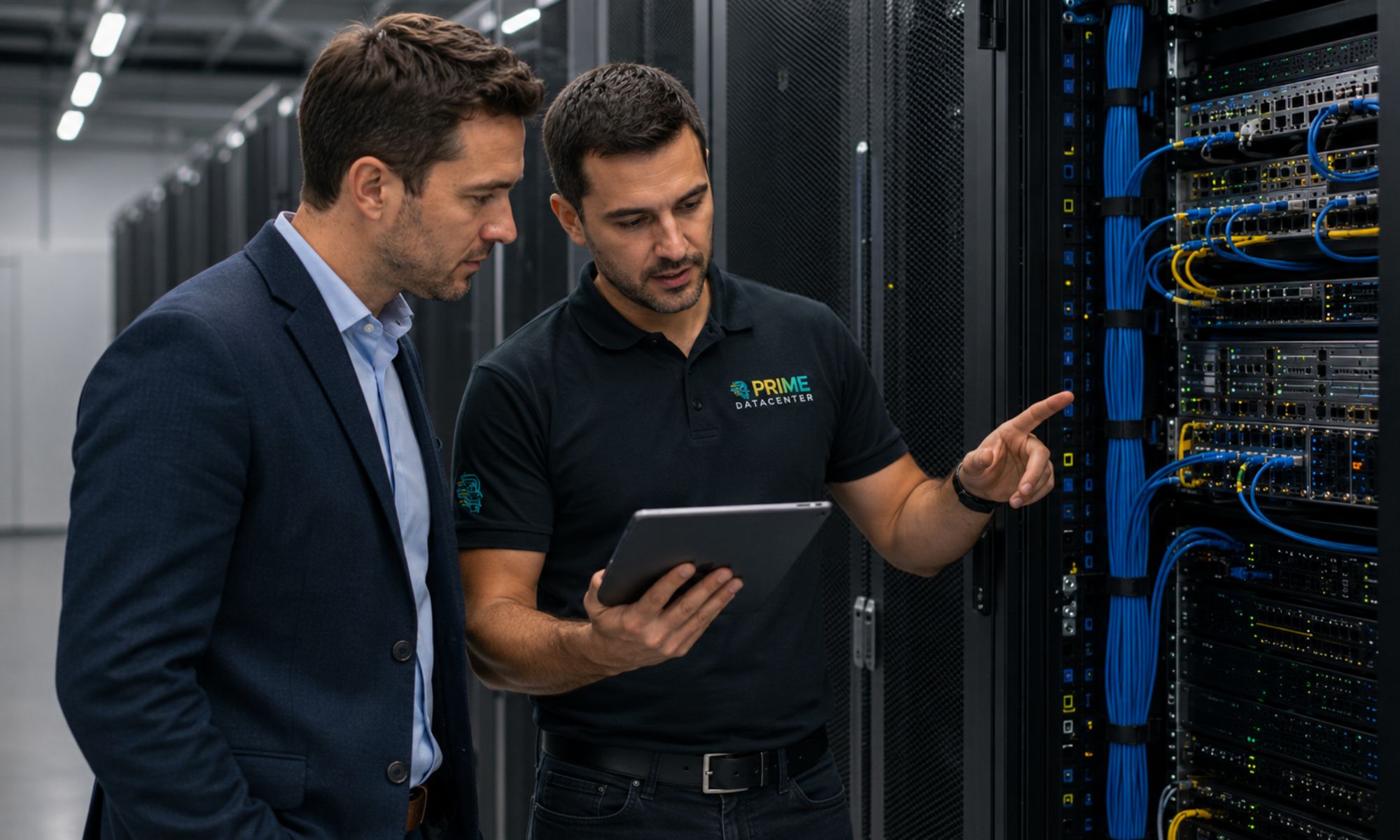 PRIME DataCenter Mitarbeiter erkl&auml;rt einem Kunden die Rack-Infrastruktur im Rechenzentrum
